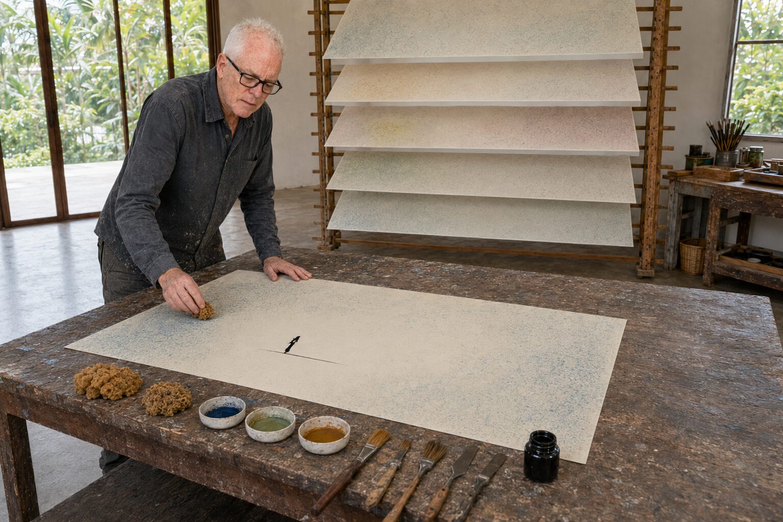Paal Myrvold beginning a work on paper