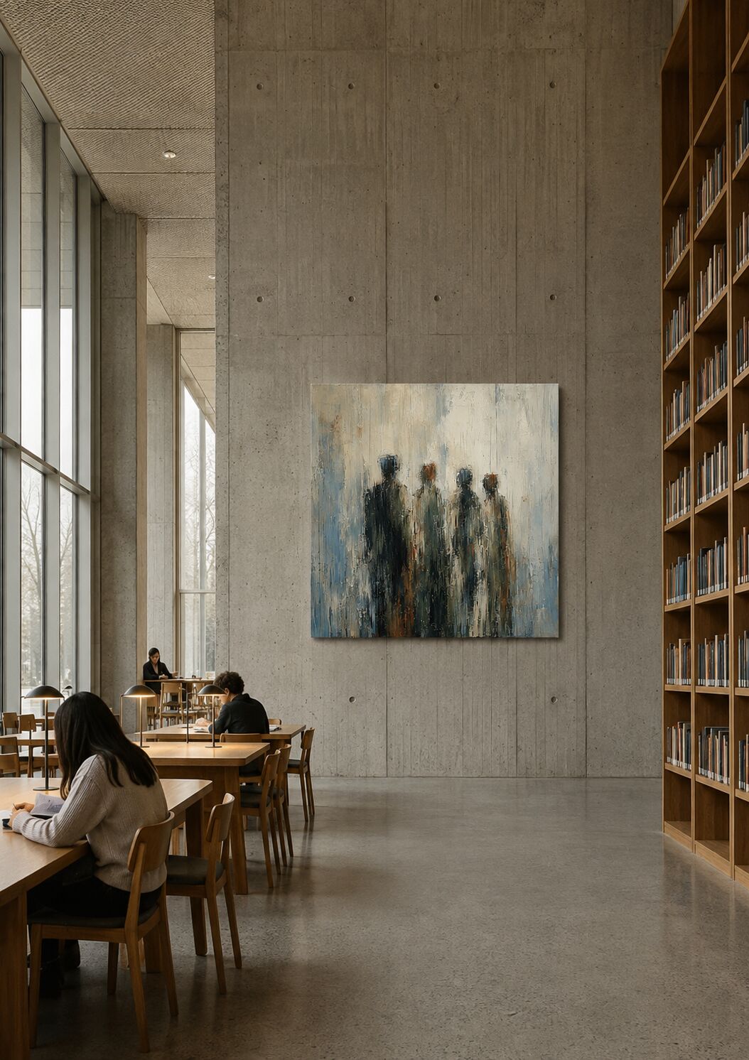 Silhouettes in a gallery interior
